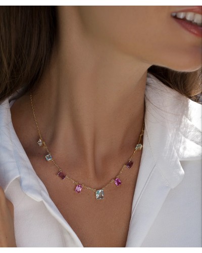 Collar plata  bañado en oro con piedras de color