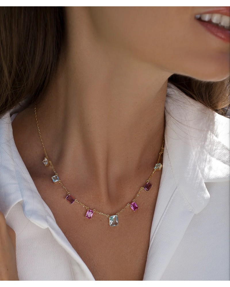 Collar plata  bañado en oro con piedras de color