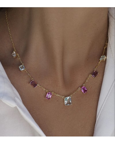 Collar plata  bañado en oro con piedras de color